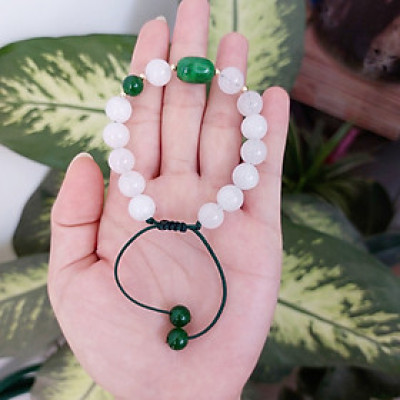 Vòng tay Nữ phong thủy đá mã não trắng mix lu thống sơn thủy và bi bạc kết dây thời trang