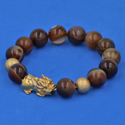 Vòng chuỗi đeo tay Mã Não Nâu 12 ly - cẩn Tỳ Hưu Phong Thủy inox vàng VMNNTHHBV12 - hợp mệnh Kim, mệnh Thổ