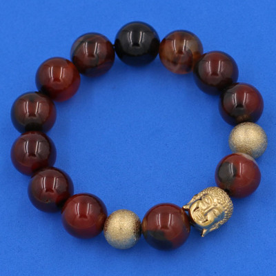 Chuỗi hạt đeo tay Thạch Anh Nâu 14 ly - Vòng tay Phật A Di Đà inox vàng VTANNLVHB14 - Vòng đeo tay size lớn