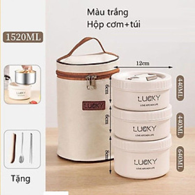 [KoSuyTu] Hộp Cơm Giữ Nhiệt  Lucky 2 Lớp 3 Tầng Rời - Chất Liệu Inox 304 - Tặng Kèm Túi Thìa Dĩa