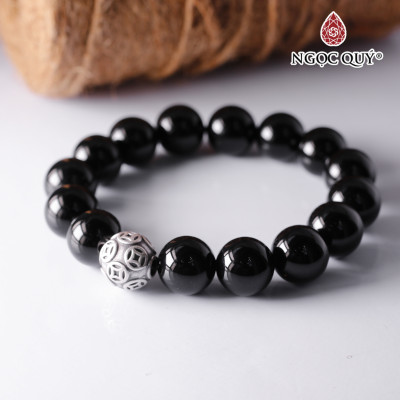 Vòng obsidian 12mm mix charm đồng tiền bạc mệnh thủy, mộc - Ngọc Quý Gemstones