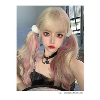 Tóc giả xoăn vàng light hồng cao cấp