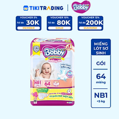 Miếng lót sơ sinh Bobby Newborn 1-64 miếng - Tặng 4 miếng Tã Quần Một Bên NB size S