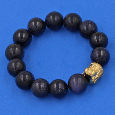 Vòng đeo tay đá Lam Sa 14 ly cẩn hạt Phật A Di Đà inox vàng VLSNLV14