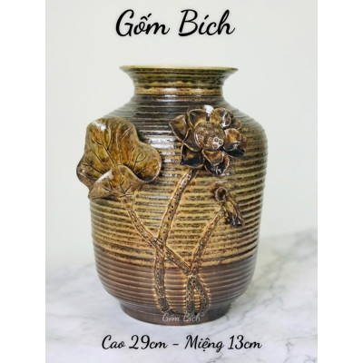 Bình Hoa Gốm Men Mộc Đắp Hoa Sen - Gốm Sứ Bát Tràng