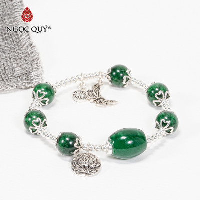 Vòng Đá Cẩm Thạch Sơn Thủy Phối Lu Thống & Charm Hoa Sen Mệnh Hỏa, Mộc Size Hạt 10mm - Ngọc Quý Gemstones