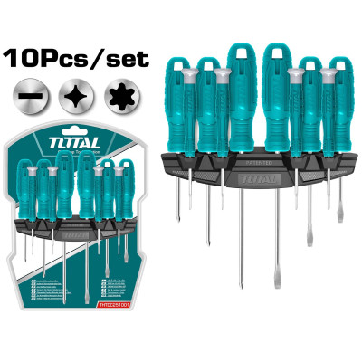 Bộ 10 cây tua vít dẹp, bake, sao, chuẩn đa năng TOTAL THTDC251001 - Thép chuyên dụng CR-V, tay cầm nhựa chắc chắn, bền bỉ