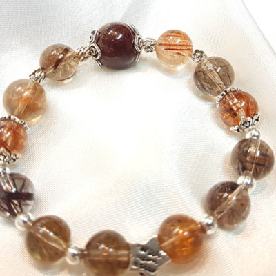 Vòng Tay Laliz Mệnh Thổ ,Kim Đá Thạch Anh Tóc Nâu Mix Đá Ưu Linh Charm Ngôi Sao Bạc - TAR.03