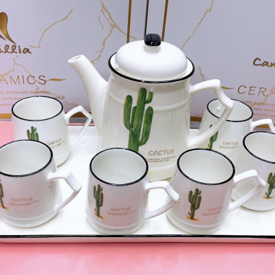 Bộ ấm chén pha trà kèm khay sứ trắng họa tiết xương rồng cao - ANTH155