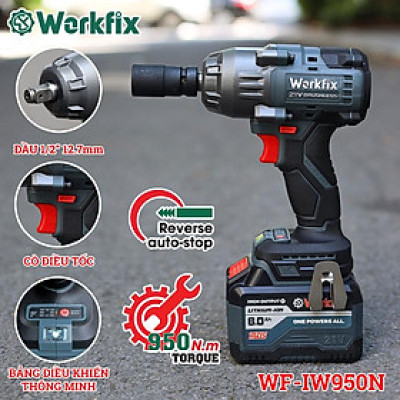 Máy Siết Bulong Workfix 950N.m - WF-IW950N - MÀU XÁM - 3 Cấp Tốc Độ - Motor Brushless - Mở Ốc Lớn Từ 36mm Trở Xuống - Chân Pin Phổ Thông 2 Pin (1 Pin 10 Cell + 1 Pin 15 Cell)  - Bảo Hành Chính Hãg