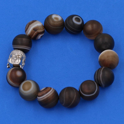 Vòng đeo tay Mã Não Nâu Sọc mờ 14 ly cẩn hạt Phật A Di Đà inox bạc VMNNSMNLT14 HỘP NHUNG - hợp mệnh Kim, mệnh Thổ