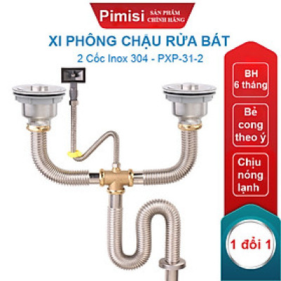 Xi Phông Chậu Rửa Bát 2 Hố Pimisi PXP-31-2 Inox Cao Cấp Kiểu Chun Uốn - Bẻ Cong, cho Bồn Rửa Chén 2 Hộc Đôi | Chính Hãng
