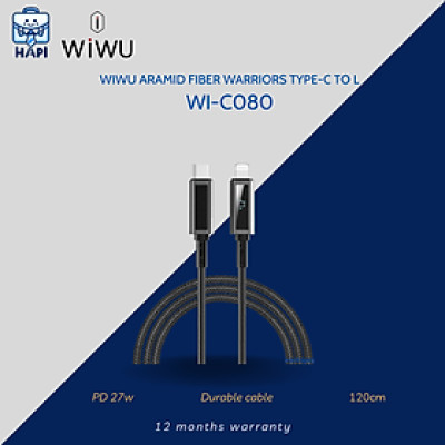 Cáp sạc hàng chính hãng WiWU Aramid Fiber Warriors Type-C to L Wi-C080 lớp bảo vệ aramid siêu bền, đầu hợp kim chống gỉ