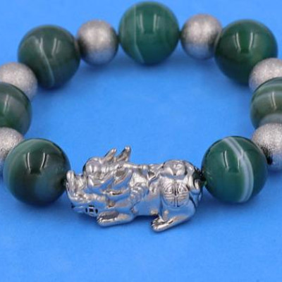 Chuỗi tay Tỳ Hưu inox charm Thạch Anh Xanh Lá Sọc 16 ly phối 6 bi - hợp mệnh Hỏa, mệnh Mộc - Chuỗi size XXL