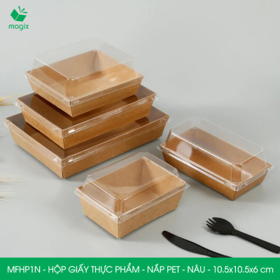 MFHP1N - 10.5x10.5x6 cm - 50 hộp giấy kraft thực phẩm màu nâu nắp Pet, hộp giấy vuông đựng thức ăn, hộp bánh nắp trong