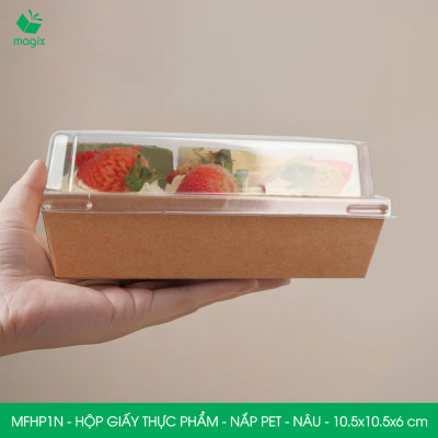 MFHP1N - 10.5x10.5x6 cm - 50 hộp giấy kraft thực phẩm màu nâu nắp Pet, hộp giấy vuông đựng thức ăn, hộp bánh nắp trong