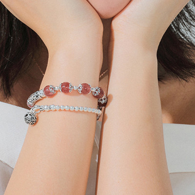 Vòng 2 line đá thạch anh dâu phối charm bạc mệnh hỏa, thổ - Ngọc Quý Gemstones