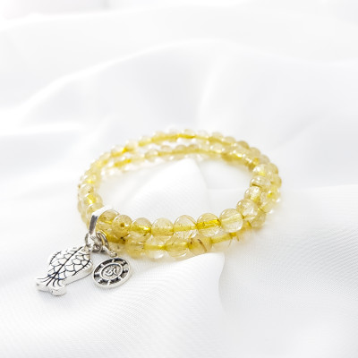 Vòng tay cuốn mệnh kim, thủy đá thạch anh tóc vàng mix charm con cá