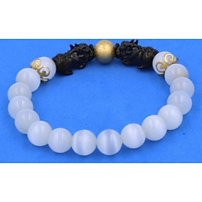 Vòng tay Đá Mắt Mèo Trắng size 8 ly, 10 ly, 12 ly - Vòng tay Tỳ Hưu Đôi inox đen VMMTTHHEV8 - hợp mệnh Kim, mệnh Thủy