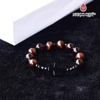 Vòng mân côi thạch anh mắt hổ nâu đỏ phối thánh giá hạt 10mm hợp mệnh thổ, hỏa - Ngọc Quý Gemstones