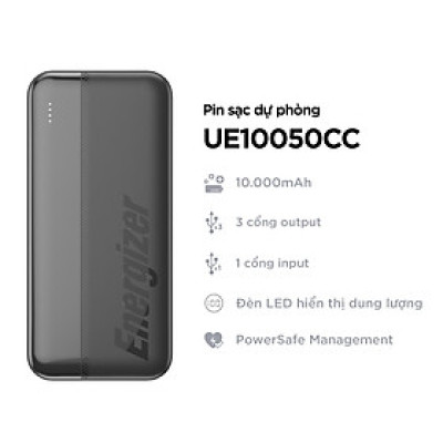 Sạc dự phòng Energizer 10,000mAh /3.7V Li-Polymer UE10050CCBK, công suất 15W đa cổng - Hàng chính hãng