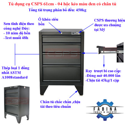 Tủ dụng cụ CSPS 61cm - 04 hộc kéo màu đen có chân tủ