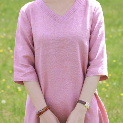 Đầm linen nữ dáng suông thắt eo cổ tim, tay lỡ, chất linen mềm màu hồng nữ tính mẫu hè mới Haint Boutique