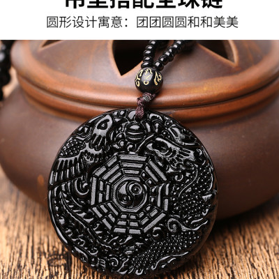 Dây chuyền nam nữ Unisex phong thủy LONG PHỤNG SUM VẦY bát quái may mắn bình an, dây chuỗi, mặt đá huyền đen