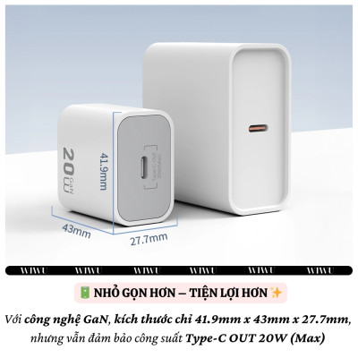 Adapter cóc củ sạc nhanh 20W PD USB C PPS chống cháy hiệu WIWU GAN ESSEN Fast Charger Wi-G002 cho iPhone iPad Oppo Samsung - Hàng nhập khẩu
