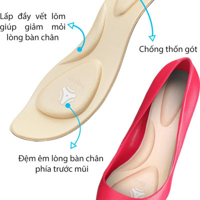 2 cặp Lót giày cao gót mũi nhọn 4D có gờ giảm sốc đệm êm nguyên bàn chân - buybox - BBPK65-2