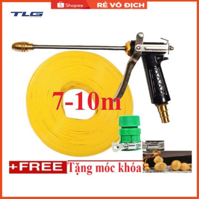 Bộ dây vòi xịt nước rửa xe, tưới cây . tăng áp 3 lần, loại 7m, 10m 206318 đầu đồng,đai,nối vàng+tặng móc khoá