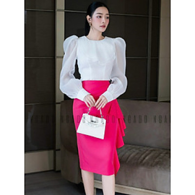 Set áo voan trắng váy hồng sen NGADO , set áo kèm chân váy , set áo váy Nữ