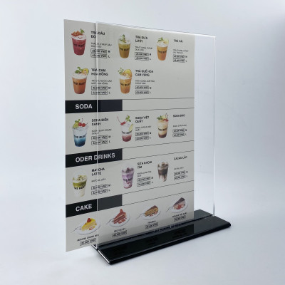 Kệ menu nhà hàng, Standee mica để bàn, Bảng quét mã QR Code, Kệ mica 2 mặt Enter E06-U 210x300mm đế lùa uốn bằng