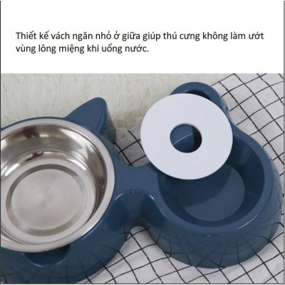Bát ăn đôi hình tai mèo lõi inox kèm bình nước tự động cho chó mèo