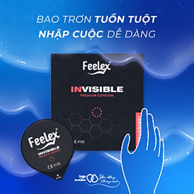 Bao cao su Feelex Invisible siêu mỏng, nhiều gel bôi trơn - Hộp 03 bcs