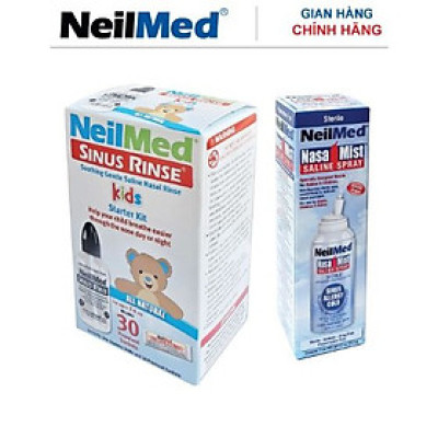 Combo Baby 24h Care: Bình Xịt Rửa Vệ Sinh Mũi Xoang NeilMed Sinus Rinse & Spray Kids -SX Mỹ, hỗ trợ điều trị Sổ Mũi, Nghẹt Mũi và Viêm Mũi Cho Bé (Bình 30 gói muối rửa; 1 chai xịt phun sương 75ml)