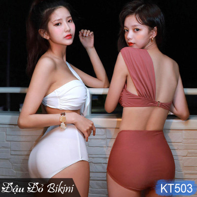 Bikini nữ trẻ trung, quần cạp cao kín đáo, áo dáng lệch vai cách điệu sexy, có sẵn đệm, bộ bơi phong cách Hàn quyến rũ | KT503