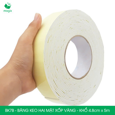 BK7B - 5 cuộn băng keo xốp 2 mặt siêu dính - Khổ 4.8cm x 5m - Băng dính xốp vàng, băng keo hai mặt