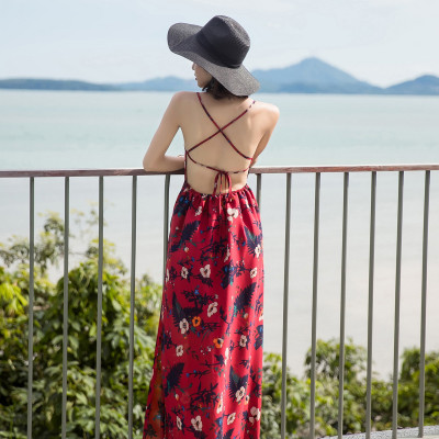 Váy maxi 2 dây lưng trần sexy, họa tiết trang nhã, thích hợp đi biển, dạ hội, sự kiện