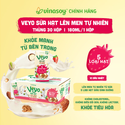 Thùng Veyo Sữa hạt lên men tự nhiên Vị Dâu Nhật (30hộp x 180ml)