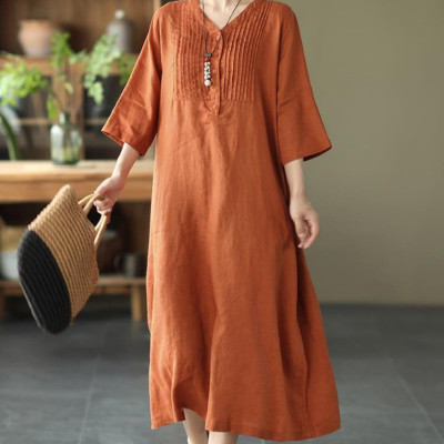 Đầm linen cổ V tay lỡ, form suông dài rộng, style Hàn Quốc trẻ trung NH190 cam