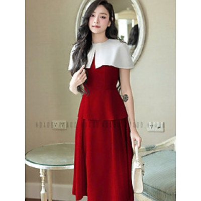 Đầm đỏ phối vạt trắng NGADO , đầm kiểu Nữ , đầm dự tiệc , công sở