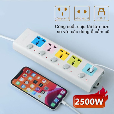 Ổ Cắm Điện USB Đa Năng Cao Cấp Chống Giật 2 Cổng Cắm USB Công Suất 2500W, Có Chốt An Toàn Dây 2m /5m Tiện Dụng