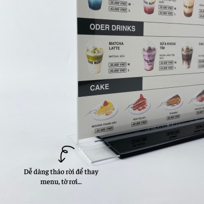 Kệ menu nhà hàng, Standee mica để bàn, Bảng quét mã QR Code, Kệ mica 2 mặt Enter E10-U 100x150mm đế lùa uốn bằng