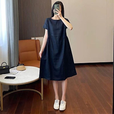 Đầm Suông Cổ Tròn Tay Cộc Dáng Dài Chất Đũi Mềm Mại Nhiều Màu Lựa Chọn