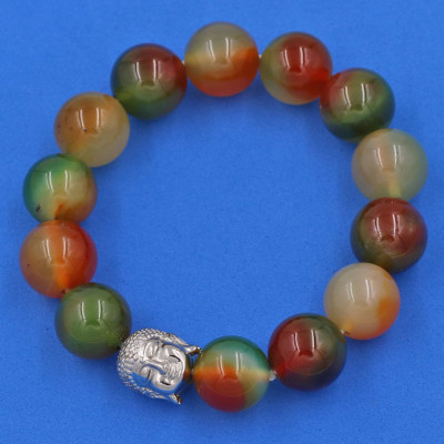 Vòng đeo tay Thạch Anh Xanh Nâu 14 ly cẩn hạt Phật A Di Đà inox bạc VTAXNNLT14