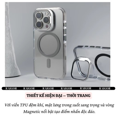 Ốp lưng chống sốc cho iPhone 16 Pro Max iP 15 Pro Max sạc không dây từ tính viền bảo vệ camera kiêm giá đỡ trong suốt hiệu Raigor Rita - Hàng nhập khẩu