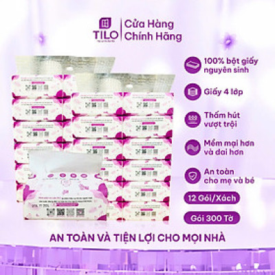 12 gói khăn giấy rút bàn TiLo 300 tờ 4 lớp dai mềm mịn, an toàn, tiết kiệm