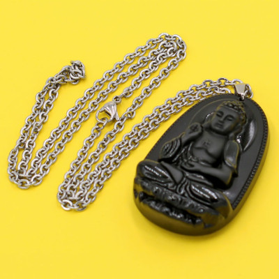 Vòng cổ mặt Phật A Di Đà - thạch anh đen 4.3cm DITTEO7 - dây inox - tuổi Tuất, Hợi