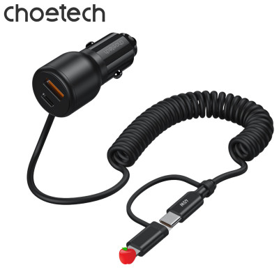 Tẩu sạc nhanh 2 cổng trên ô tô 110W Choetech TC0038 tích hợp cáp lò xo Type C kèm đầu nối IP dài 1.5M (Hàng chính hãng)